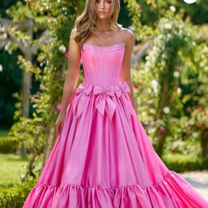Sherri Hill Pink Strapless Ball Gown with Bow Accents